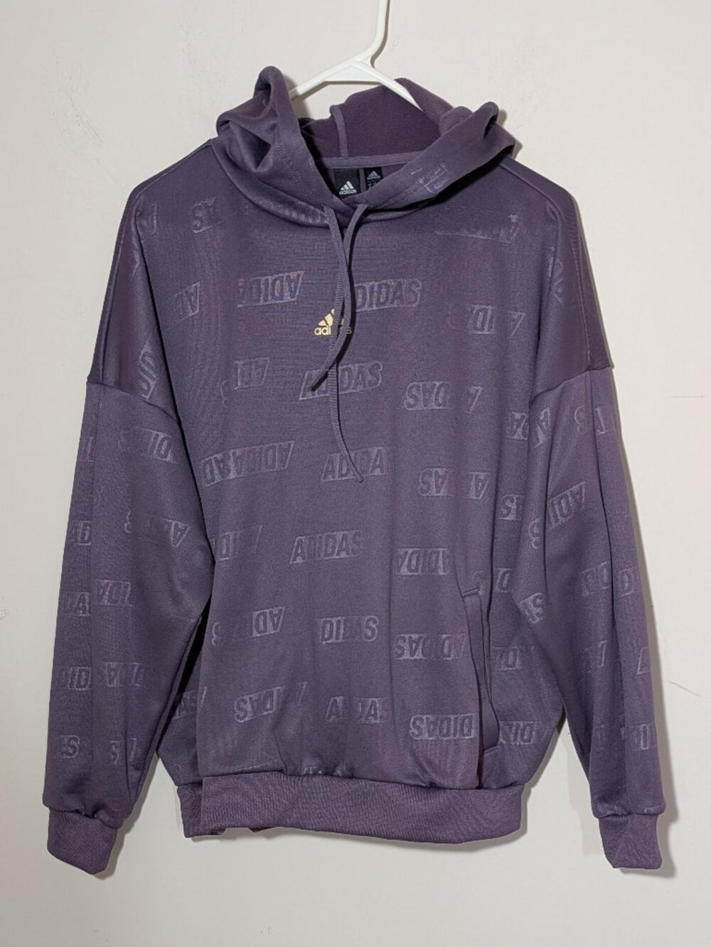 Adidas Embossed Monogram Fleece Hoodie Size M Purple Shadow Violet/Gold Metallic